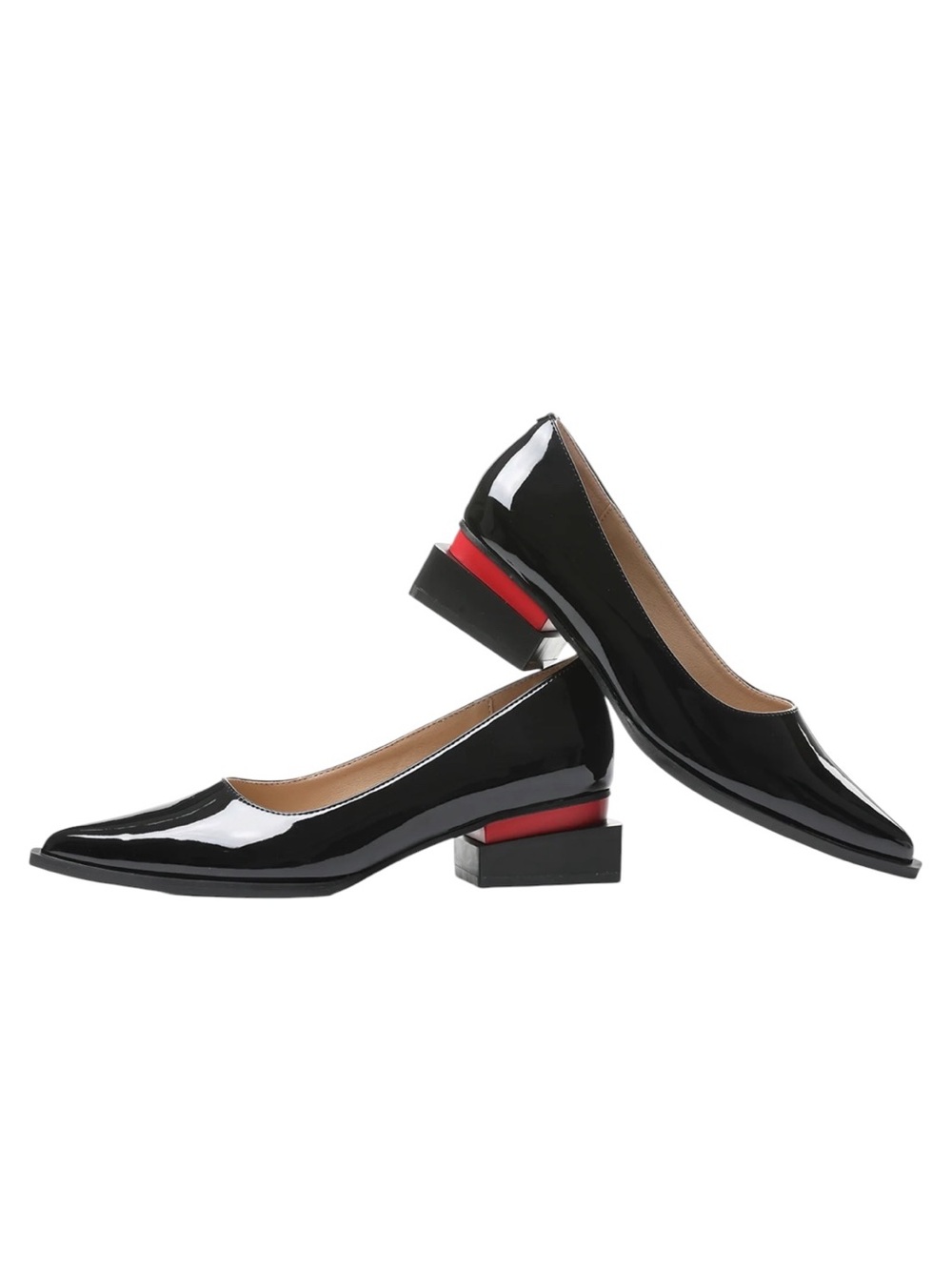 Black Patent Low Block Heel Pumps with Red Accent